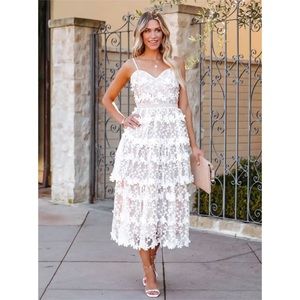 White Tiered Crochet Lace Midi Dress - Size Small